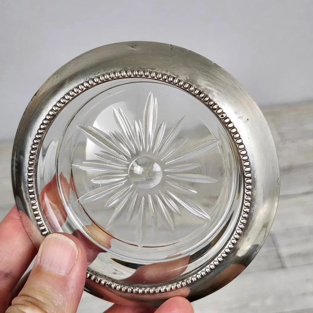 Vintage Frank M Whiting Sterling Silver Glass Coaster Starburst  Number 04